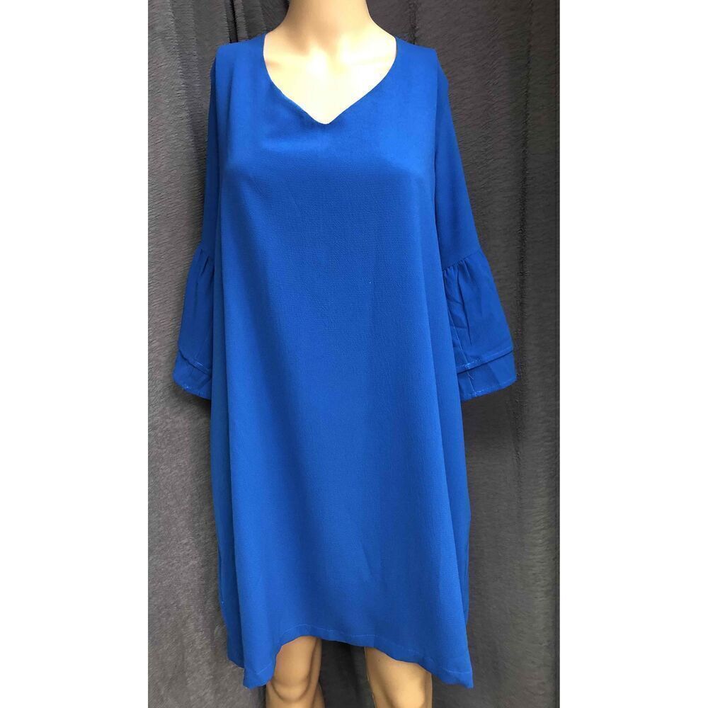 Belongsci Royal Blue Bell Sleeve V-Neck Shift Dress Womens Size Large